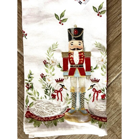 NUTCRACKER CHRISTMAS Dish Kitchen Towel Set 2 Red Jacket Embroidered Swans NICE - Picture 2 of 10